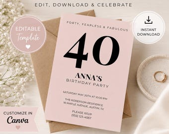 Editable Canva Invite, 40th Birthday Invitation Template, Modern Black & Blush Party, Minimalist Milestone, 5x7 Vertical Digital Download