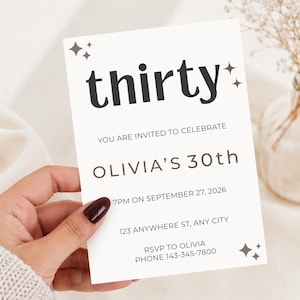 Convite "Trinta e Próspera" | Convite minimalista para brunch de aniversário de 30 anos | Modelo editável do Canva para aniversário marcante | Editorial da New Chapter