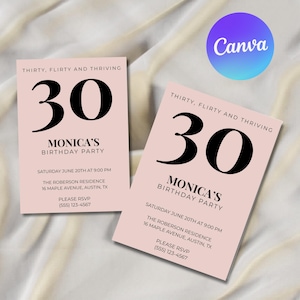 Puede incluir: Dos invitaciones rosas para una fiesta de cumpleaños con el número 30 en fuente negra grande. El texto dice "Thirty, Flirty and Thriving" y "Monica's Birthday Party". Detalles de fecha, hora y lugar.