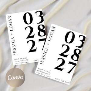 Puede incluir: Dos tarjetas blancas con texto negro. Las tarjetas dicen "JESSICA + LOGAN" y "03 28 27". El texto adicional incluye la fecha, la dirección y "SAVE THE DATE". Se ve un logotipo de Canva.