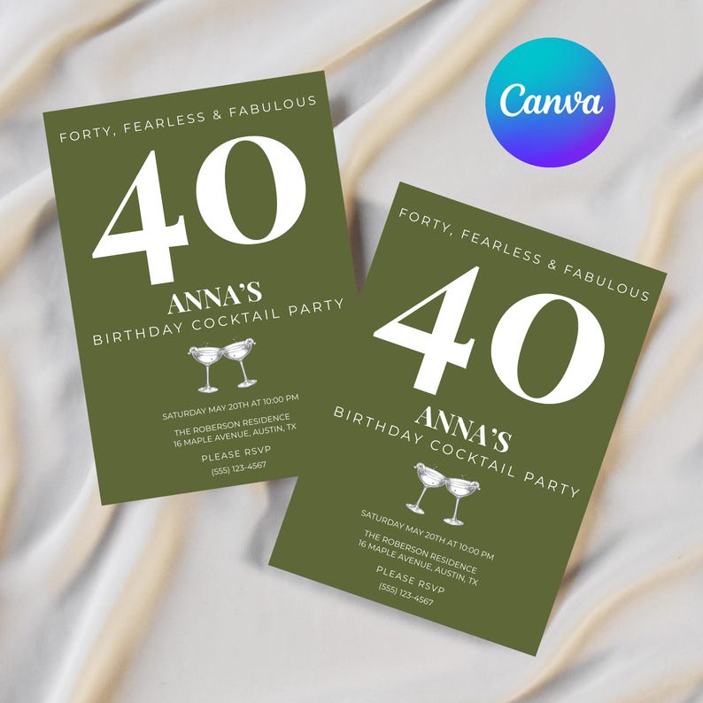 May include: Two olive green birthday cocktail party invitations. Each invitation features the number "40" in white, the text "Anna's Birthday Cocktail Party", and event details. The invitations are on a cream-colored background.