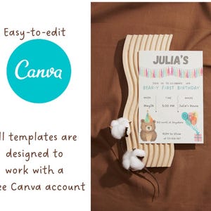 Może przedstawiać: Zaproszenie zaprojektowane w Canva na pierwsze urodziny. Zaproszenie zawiera tekst "Julia's Bear-y First Birthday" z kresk&oacute;wkowym misiem, balonami i szczeg&oacute;łami przyjęcia. Widoczne jest r&oacute;wnież logo i tekst Canva.