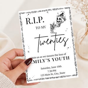 RIP To My Twenties | 30th Birthday Invitation | Skull Cocktail Gothic Funeral Theme Invite | Editable Canva Template Instant Download