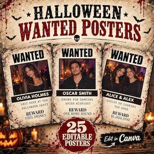 Op de afbeelding: Een set van 25 bewerkbare Halloween gezocht-posters met een verweerde papiertextuur, rode bloedspatten, vleermuizen en een schedelpictogram. De posters tonen foto's van personen met tekst in het zwart voor namen, beschrijvingen en beloningen.