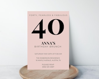 Modern Minimalist Blush Milestone Digital Download, 40th Birthday Brunch Invitation Template, Editable Canva 5x7 Vertical