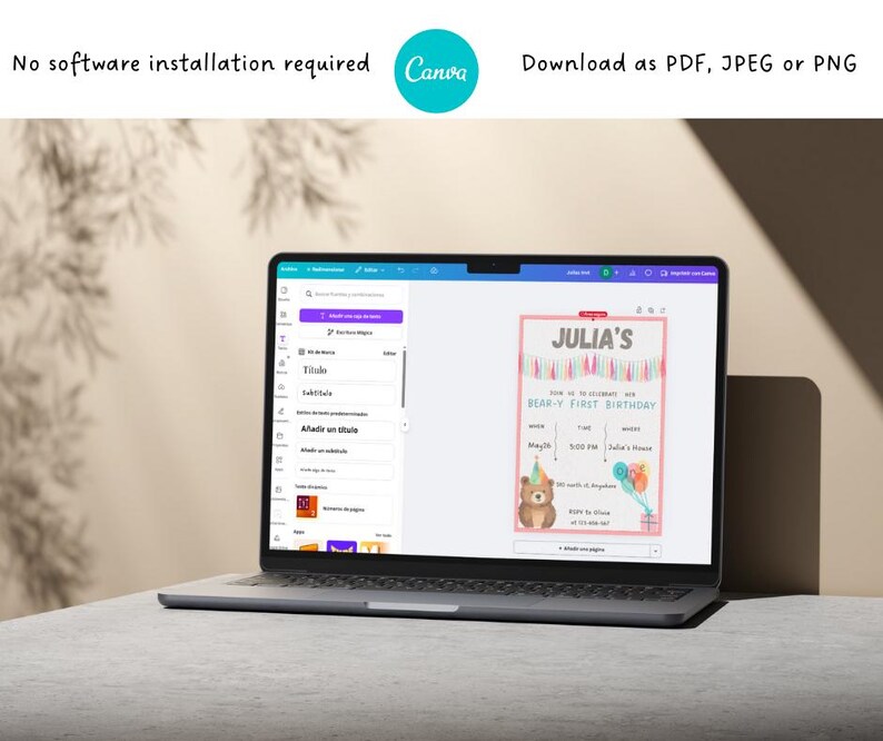 Może przedstawiać: Laptop wyświetla projekt zaproszenia urodzinowego z tekstem "JULIA'S BEAR-Y FIRST BIRTHDAY" i ilustracją misia. Ekran pokazuje r&oacute;wnież logo Canva i tekst "No software installation required".