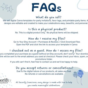 Może przedstawiać: Cyfrowy dokument zatytułowany &bdquo;FAQ&rdquo; w granatowej czcionce, odpowiadający na pytania dotyczące cyfrowych szablon&oacute;w Canva do zaproszeń na imprezy i materiał&oacute;w do druku. Dokument ma jasnoniebieskie tło z elementami dekoracyjnymi.