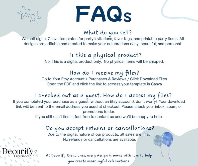 Może przedstawiać: Cyfrowy dokument zatytułowany &bdquo;FAQ&rdquo; w granatowej czcionce, odpowiadający na pytania dotyczące cyfrowych szablon&oacute;w Canva do zaproszeń na imprezy i materiał&oacute;w do druku. Dokument ma jasnoniebieskie tło z elementami dekoracyjnymi.