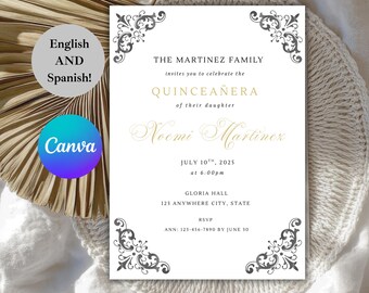 Editable Black Gold Quinceanera Invitation, Birthday Invitation Template, Elegant Vintage, Spanish Mobile Invite, Party Favors, Mis Quince