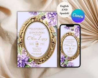 Invitación editable de quinceañera en morado y dorado, plantilla de invitación de cumpleaños, rosas florales de lavanda, invitación floral en español para móvil, recuerdos de fiesta