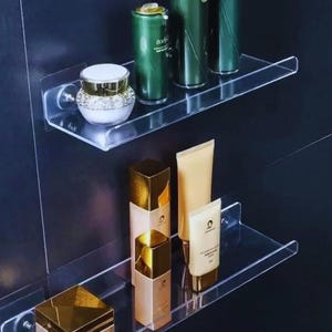 Wall Mounted Acrylic Storage Rack, No Punching Floating Shelf, Clear Thick Display, Stick Bathroom, Kitchen Organizer.