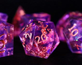 Dragon's Amethyst Dice Set, Resin Polyhedral Set for DnD, Sharp Edge Purple Gold Leaf