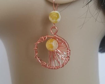 Yellow Crackle Agate Copper  Dangle Earrings in a Combination Weave