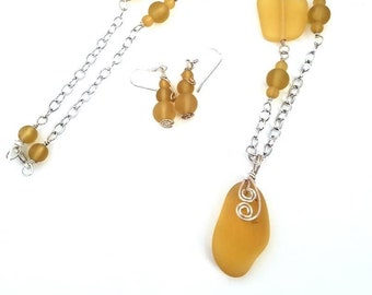 Frosted Yellow Beach Glass Wrapped Set Necklace Earrings Handmade