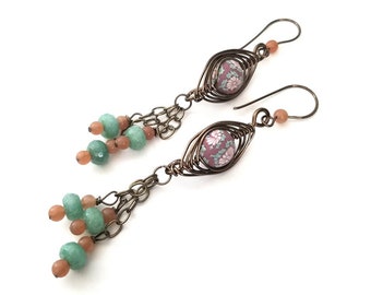 Floral Bead in Bronze Herringbone Weave with a Green Candy Jade and Peach Adventurine Earrings