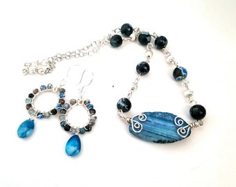 Crazy Blue Agate Wrapped Jewelry Set Necklace Earrings Handmade