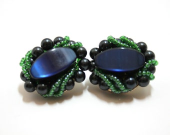Thermoset Clip Ohrringe 1950er Jahre Fashion Perlen Ohrringe Japan blau grün Kunststoff-Perlen Messing Clip wieder Jahrgang Kunststoff