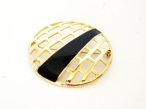 M Jent Brooch- 1980s Abstract Brooch- Gold Black … - image 1