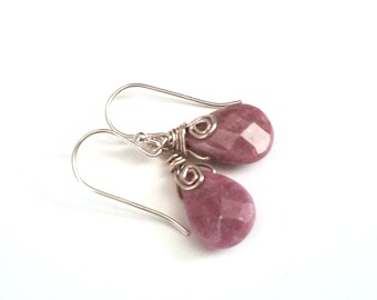 Faceted Rhodonite Teardrop Dangle Earrings Sterling Silver Gemstone Earrings