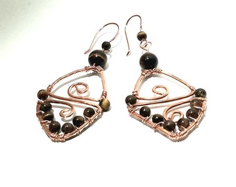 Handmade Copper Triangle Dangle Earrings with Tiger's Eye Stones