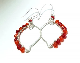 Wire Wrap Red and Orange Glass Leaf Dangle Earrings Handmade