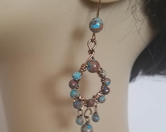 Faceted Jasper Stone Dangle Earrings in Bronze