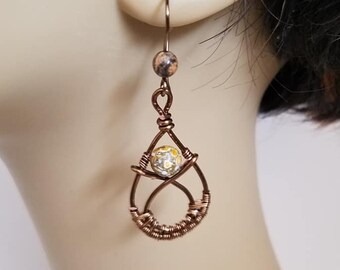 Handmade Woven Bronze Teardrop Dangle Earrings With Marble Stones