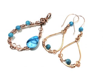 Wire Wrap Copper Teardrop Crazy Blue Agate Pendant Earring Set Handmade