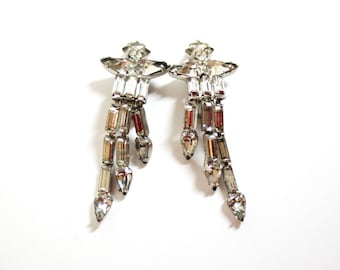 Weiss Rhinestone  Clip Earrings 1950s  Long Dangles  Vintage Weiss  Chandelier Earrings   Drop Earrings  Costume Jewelry Clear Rhinestones