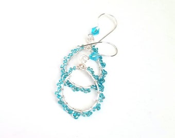 Turquoise Blue Glass With Silver Lace Weave Dangle Earrings