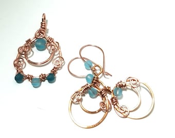 Copper Aqua and Teal Beach Glass Pendant and Earring Set Double Circles Handmade