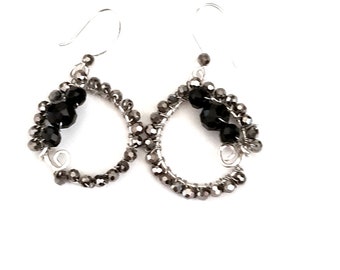 Black and Silver Glass Circle Dangle Earrings Handmade Earrings