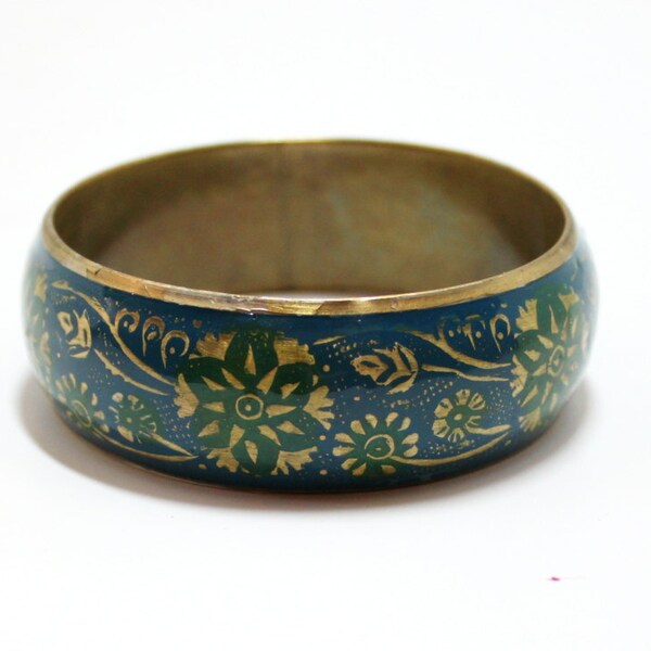 Enamel Bangle- Brass Bracelet- 1970s- Teal Lime Bangle- Floral Bangle- Tribal Bracelet- Boho Bangle