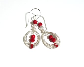 Red Coral Dangle Teardrop Earring Wire Weave Handmade Gemstone
