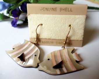 Vintage Angel Fish Earrings- Genuine Shell- Dangles- 1980- Beach Jewelry