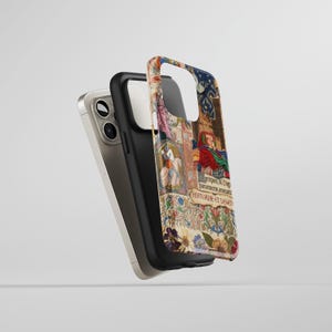 a phone case with a colorful, intricate design, including various patterns and images.