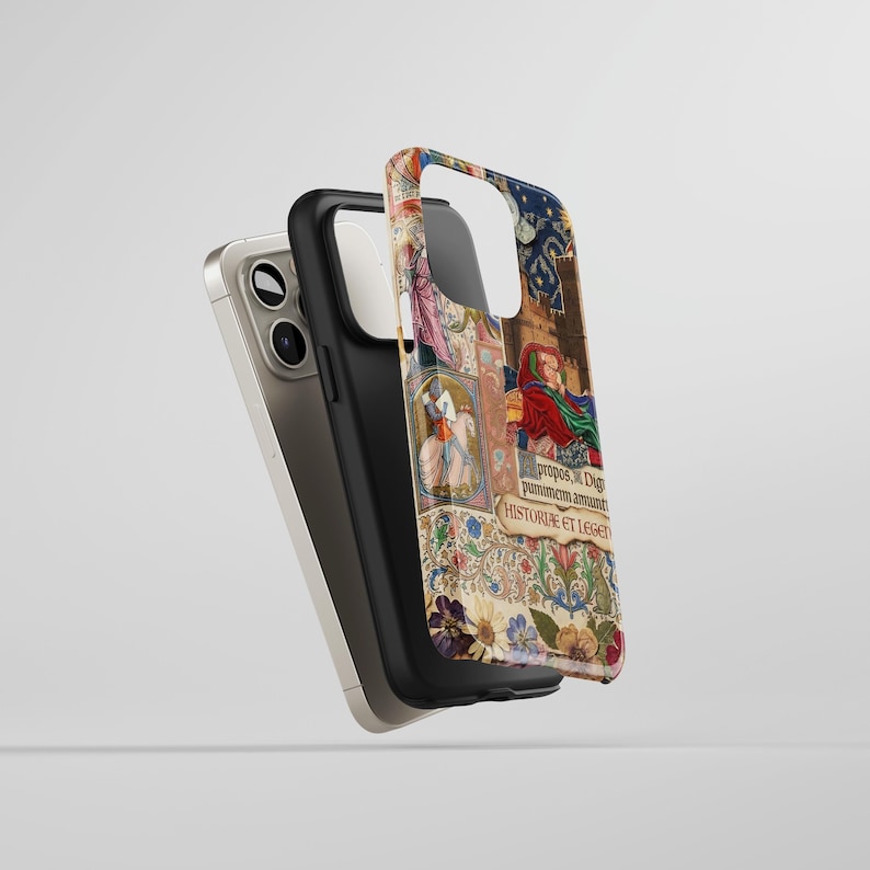 a phone case with a colorful, intricate design, including various patterns and images.