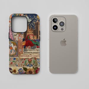 an iPhone case with a colorful, medieval-style design, including a castle, flowers, and other decorative elements. The case is placed next to an actual iPhone, which is a silver-colored device.
