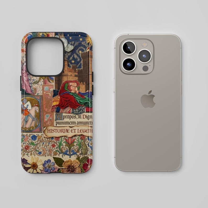 an iPhone case with a colorful, medieval-style design, including a castle, flowers, and other decorative elements. The case is placed next to an actual iPhone, which is a silver-colored device.