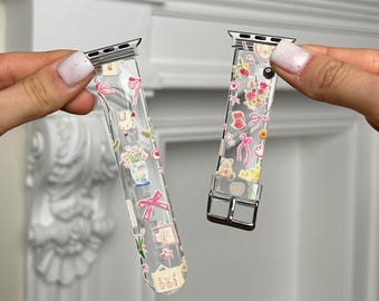 Bloemen Cottagecore Apple Watch Series 11-band 40 41 42 mm, schattige iWatch-band van veganistisch leer met bloemen 44 45 49 mm, zacht esthetische horlogeband