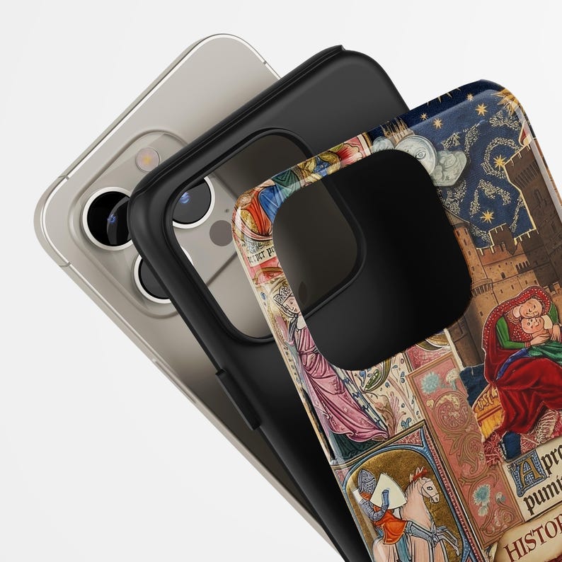a close-up view of a smartphone case with a colorful, medieval-style design.