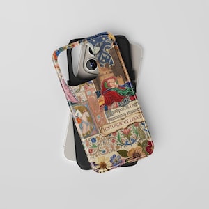 a colorful, patterned phone case with a medieval-style illustration on it.