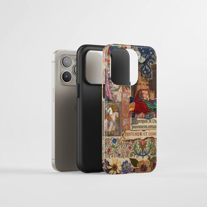 a phone case with a colorful, medieval-style design, including a castle, flowers, and other decorative elements.