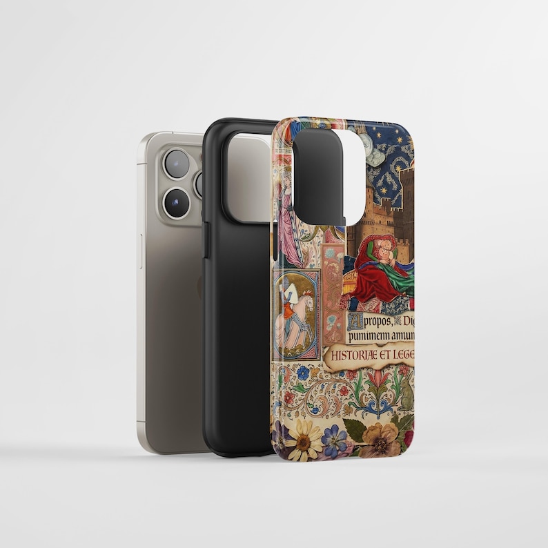 a phone case with a colorful, medieval-style design, including a castle, flowers, and other decorative elements.