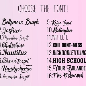 a selection of various font names and styles, with the text "CHOOSE THE FONT!" at the top. The fonts include "Bellmore Brush," "Joshico," "Monalisa Script," "bhatashine," "Nautilus," "blessed Script," "Handycheera," "Kaiya Land," "Mathlete," "XXII DON'T-MESS," "Bigoodletting," "High School," "Your Bolands," and "The Rebound."