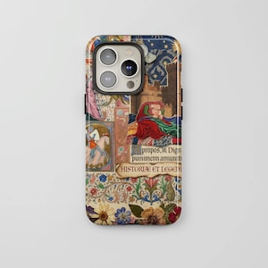 a phone case with a colorful, medieval-style design.