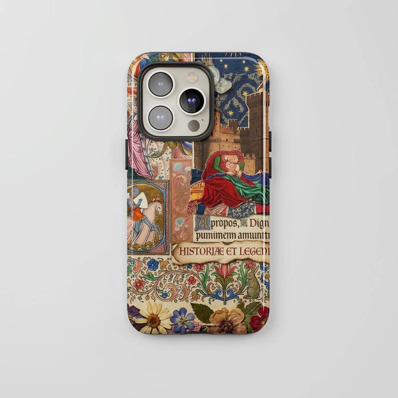 a phone case with a colorful, medieval-style design.