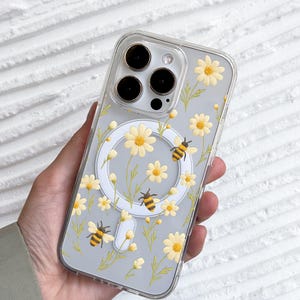 Spring Bee Floral iPhone 17 Pro Max Hülle, Kunststickerei Niedliche Blumen Bumble Bees Cover für iPhone 16 mit MagSafe Samsung S24 FE S25