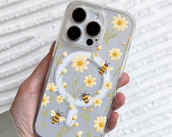 Custodia Spring Bee Floral per iPhone 17 Pro Max, custodia con ricamo finto e simpatici fiori a forma di api per iPhone 16 con MagSafe per Samsung S24 FE S25