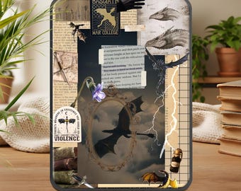 Puede incluir: Una funda de teléfono decorativa con un collage de elementos de fantasía. El diseño incluye un dragón, un espejo, texto que dice "BASGIATH WAR COLLEGE" y "THERE'S NOWHERE IN EXISTENCE YOU COULD GO VIOLENCE", y texturas de papel vintage.